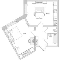Однокомнатная квартира 43 м²
