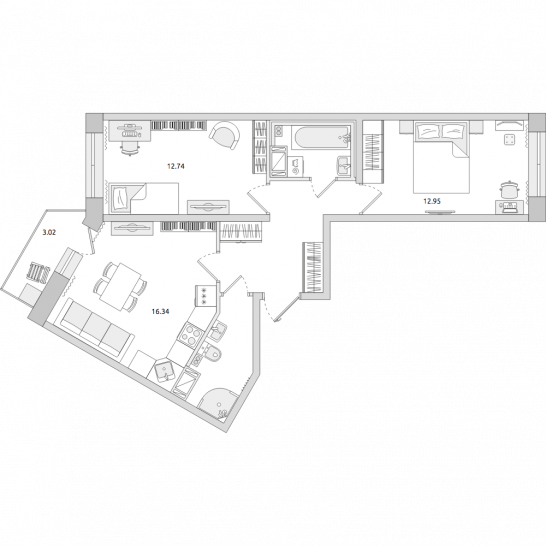 Двухкомнатная квартира 61 м²