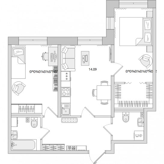 Двухкомнатная квартира 60 м²